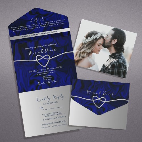 Elegant Silver and Navy Blue Wedding All In One Invitation