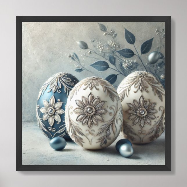 Elegant silver and navy Easter eggs engraved Framed Art (Framed Front)