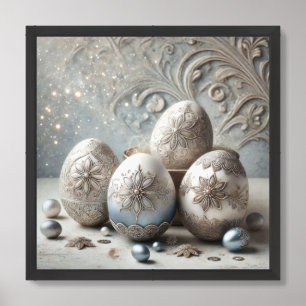 Elegant silver and navy Easter eggs engraved Framed Art