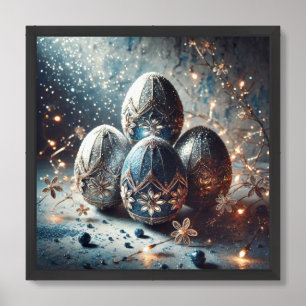 Elegant silver and navy Easter eggs engraved Framed Art