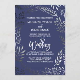 Elegant Silver and Navy Leafy Frame Wedding Invitation