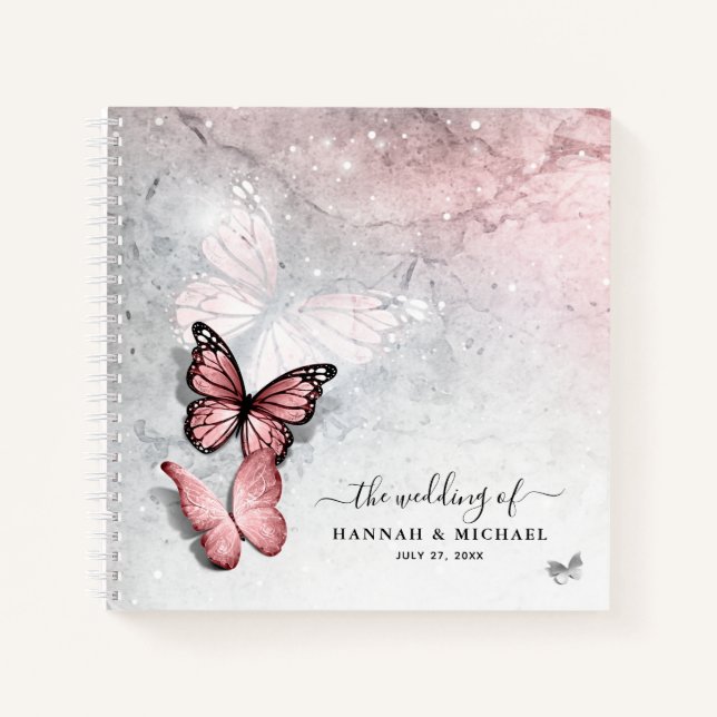 Elegant Silver and Pink Butterfly Guest Notebook (Front)