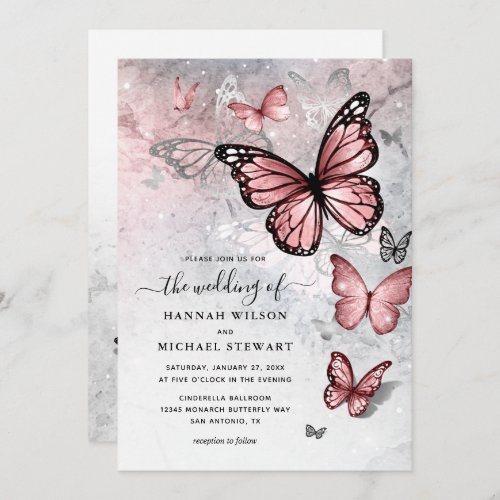Elegant Silver and Pink Butterfly Wedding Invitation