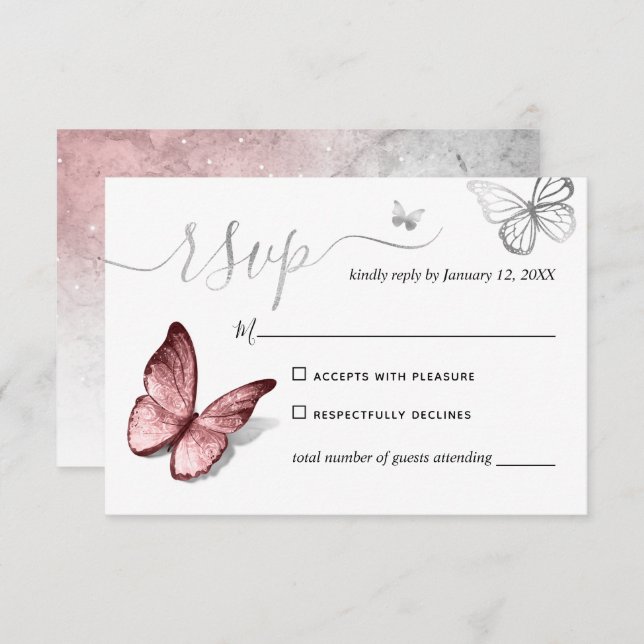 Elegant Silver and Pink Butterfly Wedding RSVP Card (Front/Back)