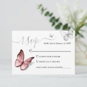 Elegant Silver and Pink Butterfly Wedding RSVP Card (Standing Front)