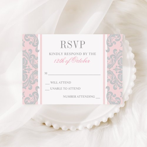 Elegant Silver and Pink Damask Baby Girl Baptism RSVP Card