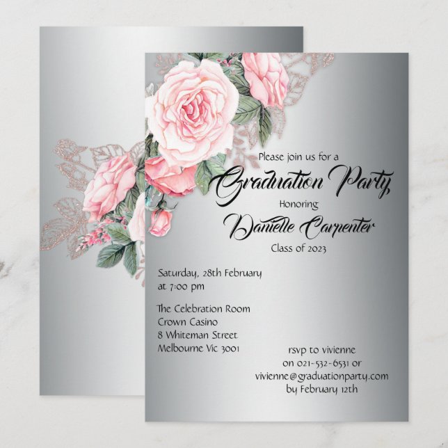 Elegant Silver and Pink Floral Graduation Invitation (Front/Back)
