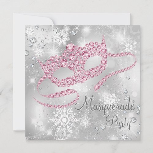Elegant Silver and Pink Masquerade Party Invitation