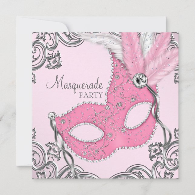 Elegant Silver and Pink Masquerade Party Invitation (Front)