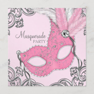Elegant Silver and Pink Masquerade Party Invitation