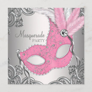 Elegant Silver and Pink Masquerade Party Invitation
