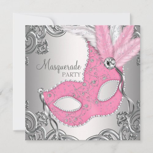 Elegant Silver and Pink Masquerade Party Invitation