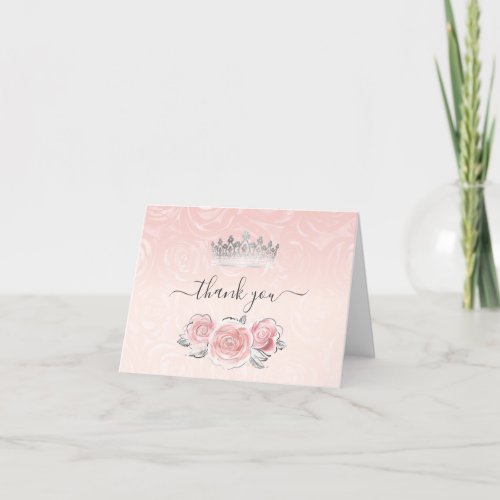 Elegant Silver and Pink Roses Watercolor Folded Thank You Card