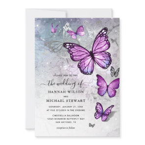 Elegant Silver and Purple Butterfly Wedding Invitation