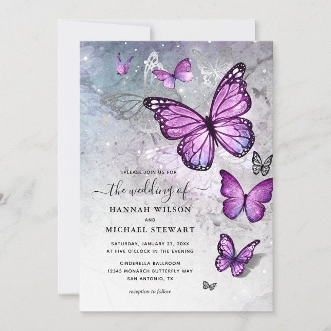 Elegant Silver and Purple Butterfly Wedding Invitation (Front)