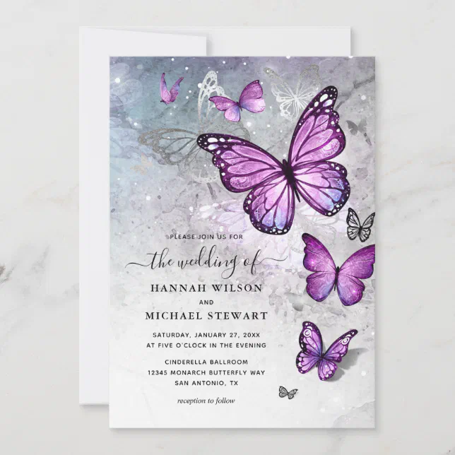 Elegant Silver and Purple Butterfly Wedding Invitation | Zazzle