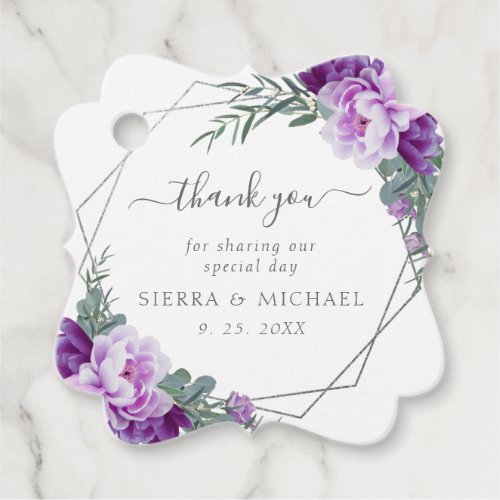Elegant Silver and Purple Floral Wedding Favor Tags