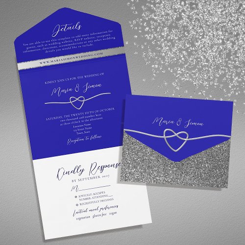 Elegant Silver and Royal Blue Wedding All In One Invitation