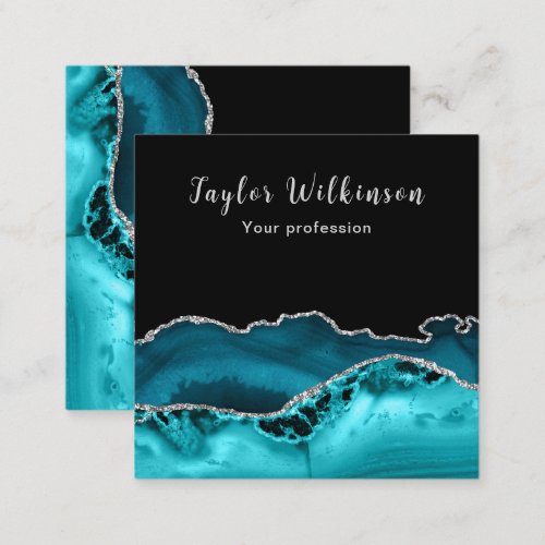 Elegant Silver and Teal Blue Agate Square Business Card