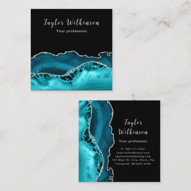 Elegant Silver and Teal Blue Agate Square Business Card (Front/Back)