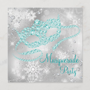 Elegant Silver and Teal Blue Masquerade Party Invitation