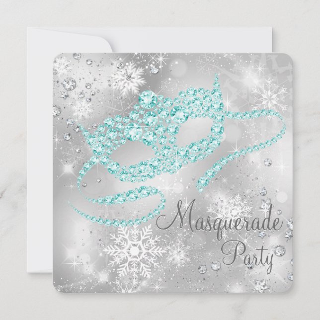 Elegant Silver and Teal Blue Masquerade Party Invitation (Front)