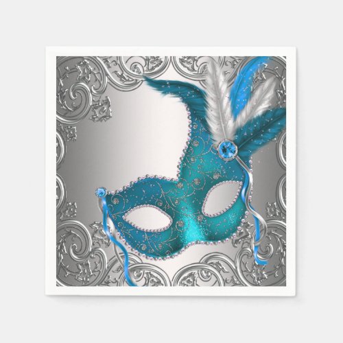 Elegant Silver and Teal Blue Masquerade Party Paper Napkins