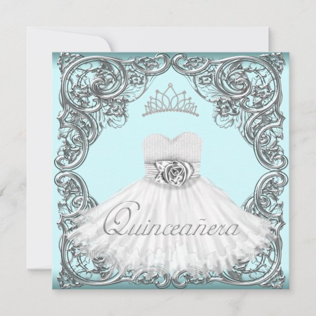 Elegant Silver and Teal Blue Quinceanera Invitation (Front)