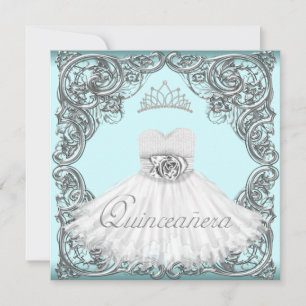 Elegant Silver and Teal Blue Quinceanera Invitation