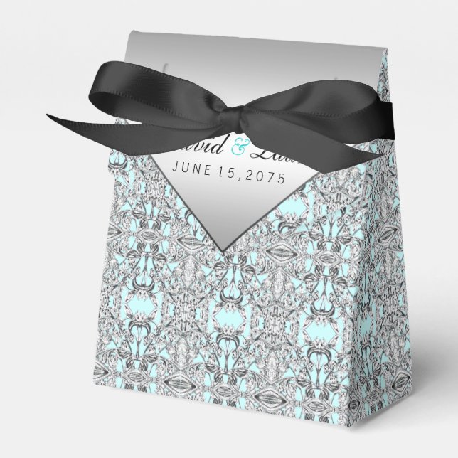 Elegant Silver and Teal Blue Wedding Favor Boxes (Front Side)