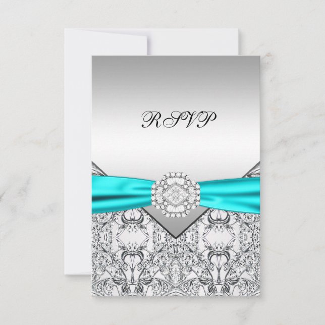 Elegant Silver and Teal Blue Wedding RSVP Card (Front)