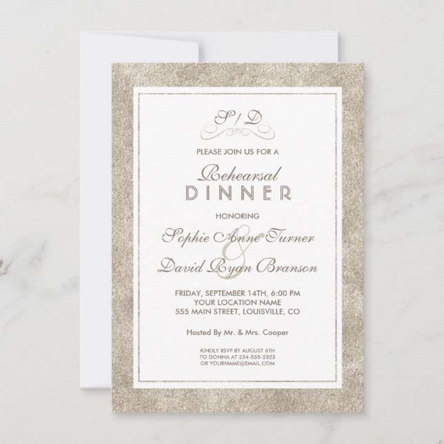 Elegant Silver and White Border REHEARSAL DINNER Invitation (Front)