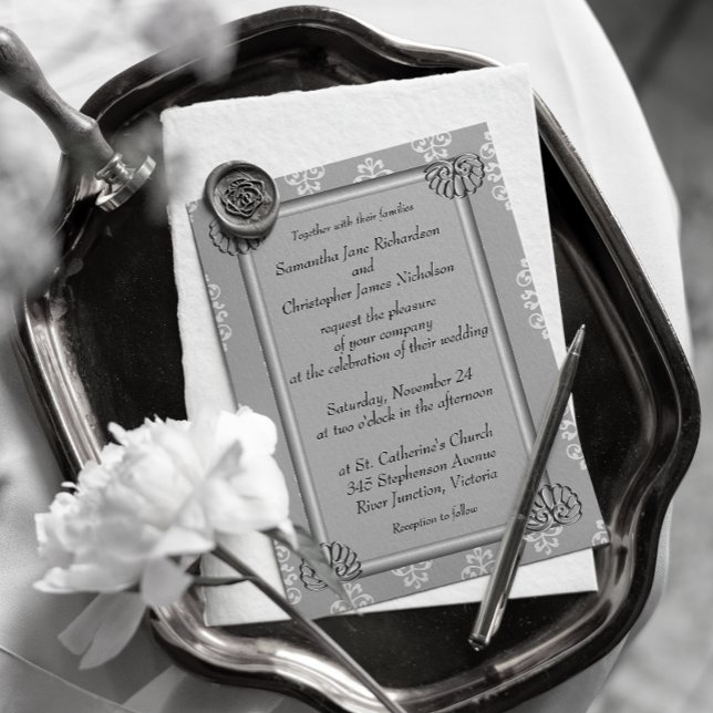 Elegant Silver and White Damask Wedding Invitation (Creator Uploaded)