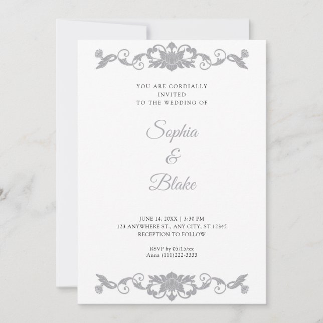 Elegant Silver and White Floral Art Deco Wedding Invitation (Front)