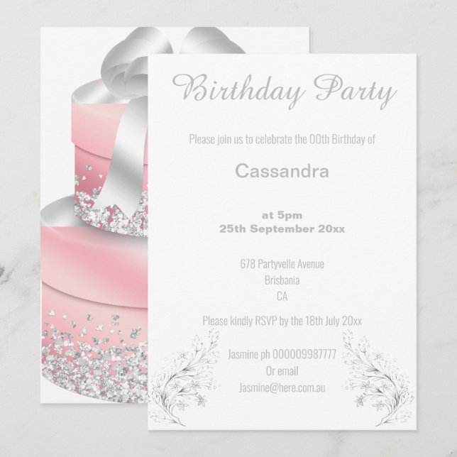 ELEGANT SILVER AND WHITE GLITTER  BIRTHDAY INVITATION (Front/Back)