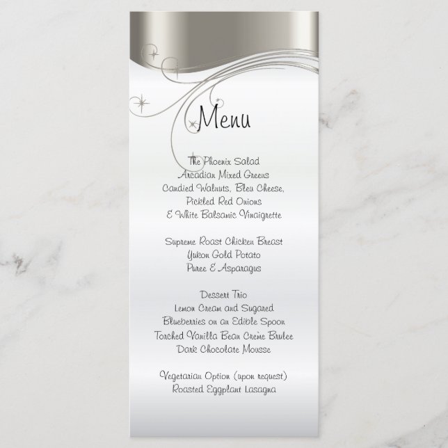 Elegant Silver and White Satin Wedding Menu (Front)