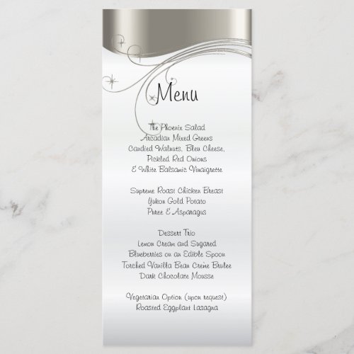 Elegant Silver and White Satin Wedding Menu