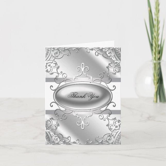 Elegant Silver and White Thank You Cards (Front)