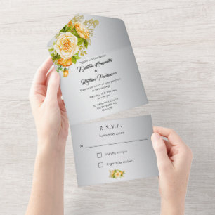Elegant Silver and Yellow Roses Wedding All In One Invitation