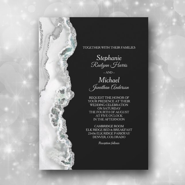 Elegant Silver Aqua Agate Border Wedding Invitation (Creator Uploaded)