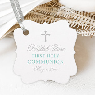 Elegant Silver Aqua First Communion Girl Favor Tags