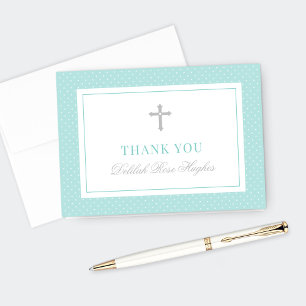Elegant Silver Aqua First Communion Girl Letterpress Thank You Card