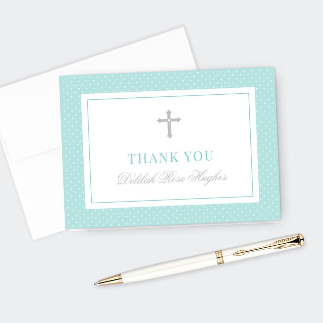 Elegant Silver Aqua First Communion Girl Thank You Card (Creator Uploaded)