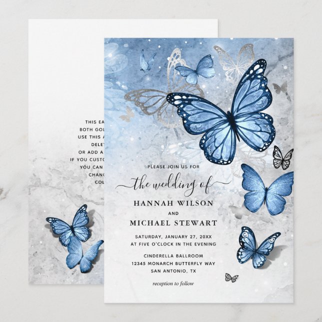 Elegant Silver Baby Blue Butterfly Wedding Invitation (Front/Back)