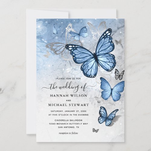 Elegant Silver Baby Blue Butterfly Wedding Invitation