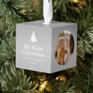 Elegant Silver Baby's First Christmas Name Photo Cube Ornament