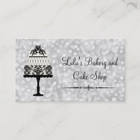 Elegant Silver Bakery Business Card With Cake