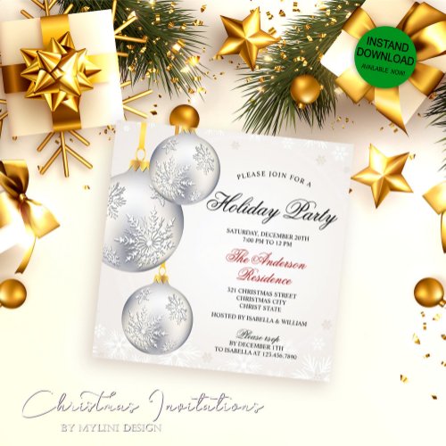Elegant Silver Baubles Christmas Holiday Party Invitation