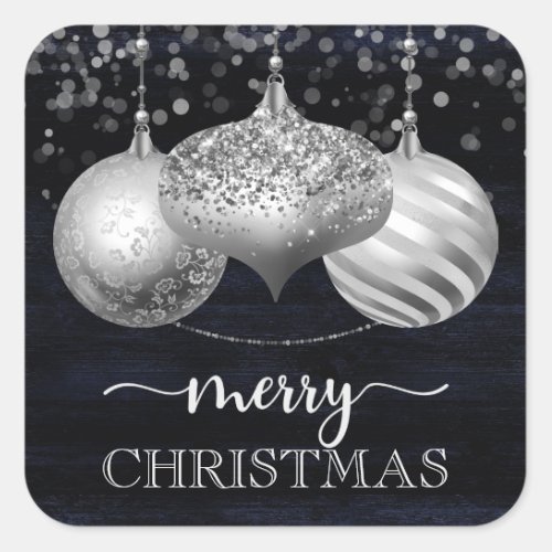 Elegant Silver Baubles Merry Christmas  Square Sticker
