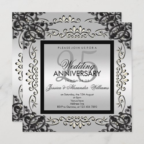 Elegant Silver  Black 25th Wedding Anniversary Invitation